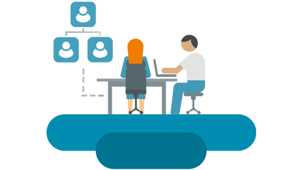 [Translate to es:] Illustration of 2 people at a desk, talking with chat symbols above their heads